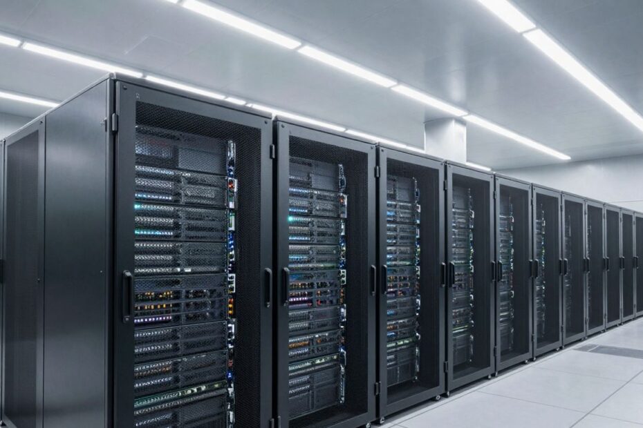 Modern hyperscale data center interior with server racks.