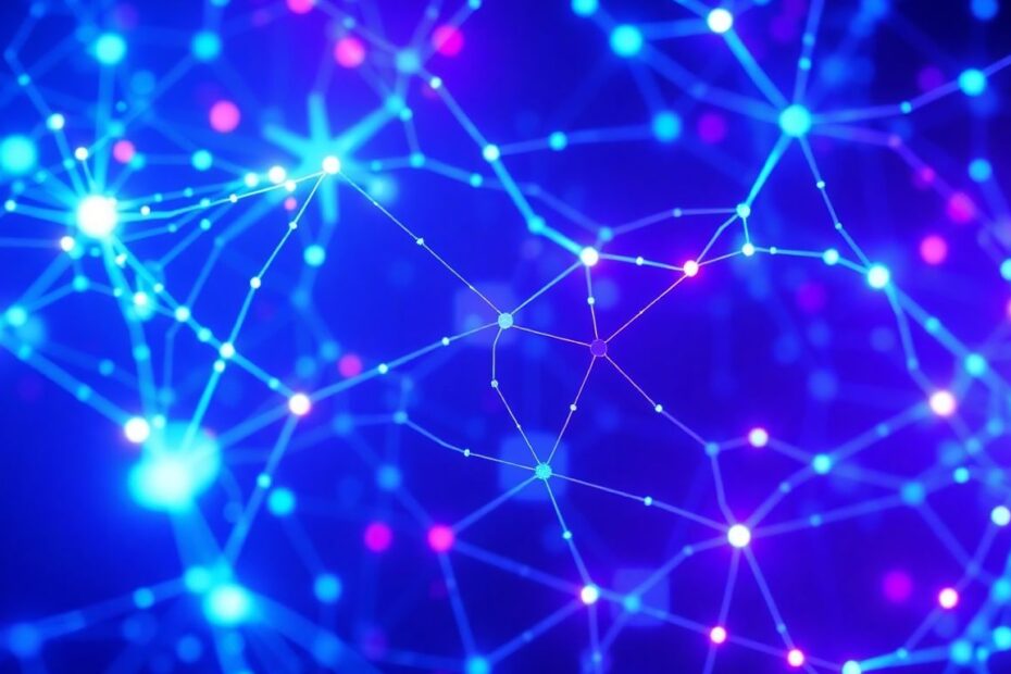 Abstract neural network visualization with glowing blue and purple lights.