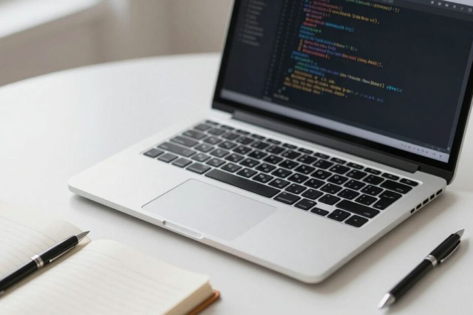 Laptop with code, notebook, and pen on desk.