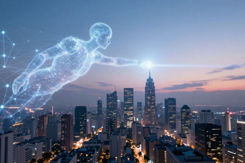 Intelligent agent in futuristic city, AI concept