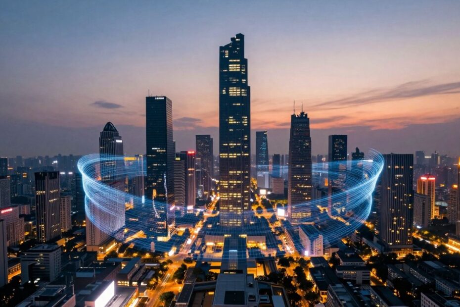 Futuristic cityscape with glowing AI pathways connecting skyscrapers.