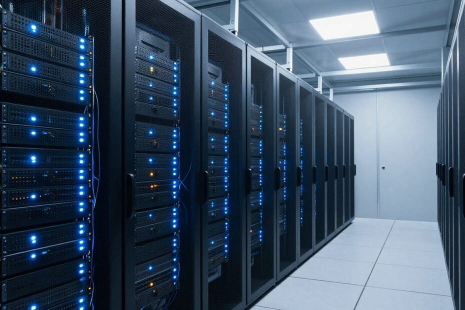Data center infrastructure with server racks and blinking lights.