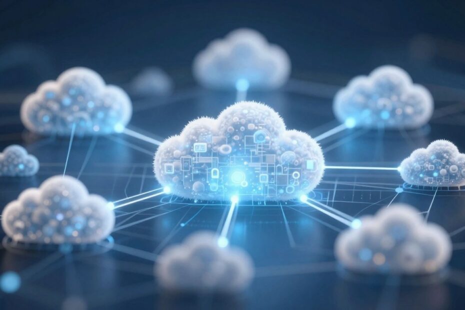 Interconnected digital clouds forming a complex, layered structure.