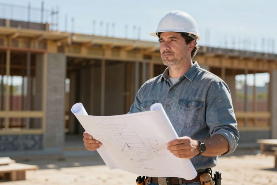Contractor on Texas construction site with blueprint.