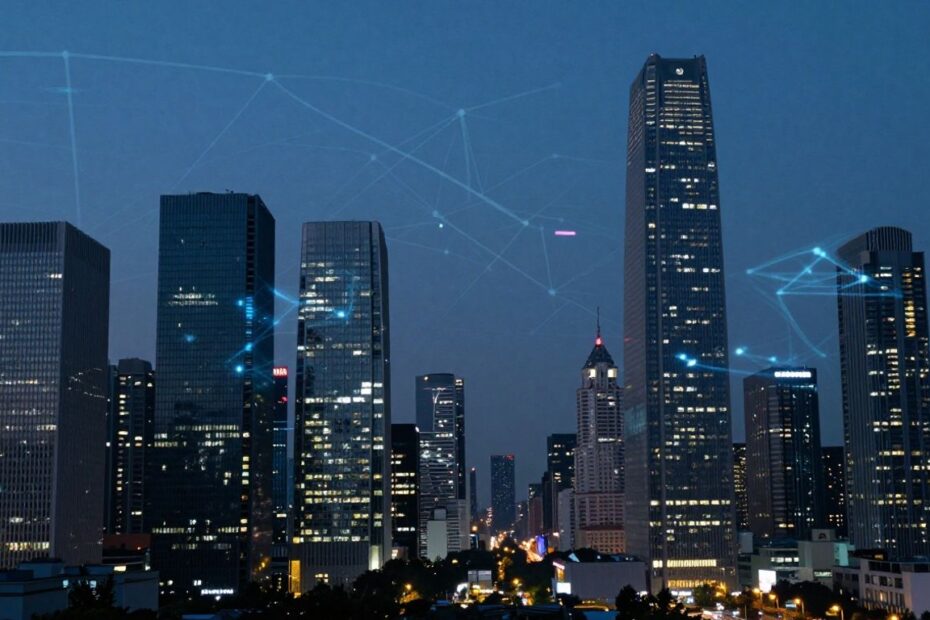 AI transforming commercial real estate with futuristic city visuals.