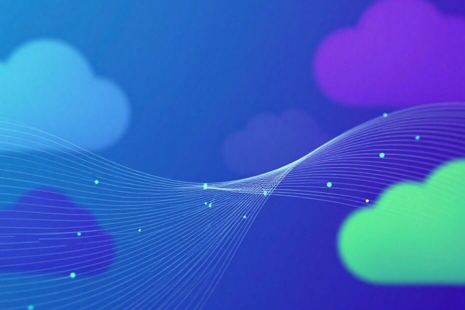 Abstract digital landscape with interconnected nodes and cloud shapes.