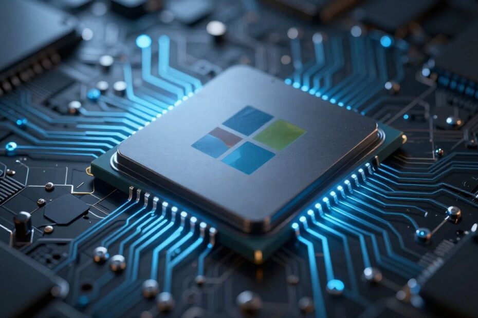 Microsoft quantum computing chip with glowing blue circuitry.
