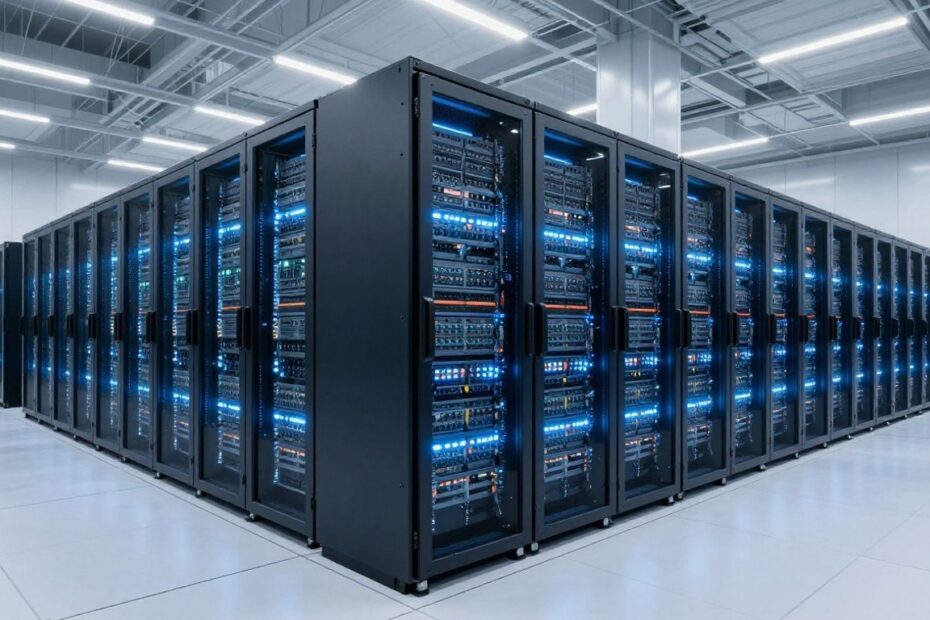 Futuristic hyperscale data center interior with glowing server racks.