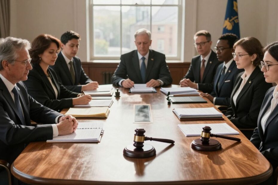 Lawyers and legal professionals in a meeting room.