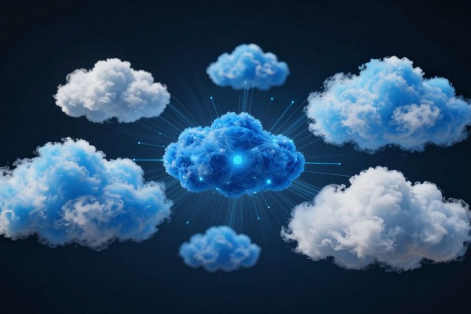 Abstract blue clouds with light rays on dark background.