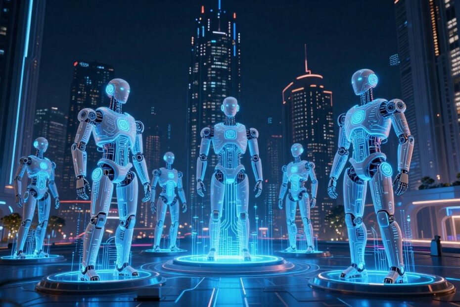 Futuristic AI agents in a neon-lit cityscape.
