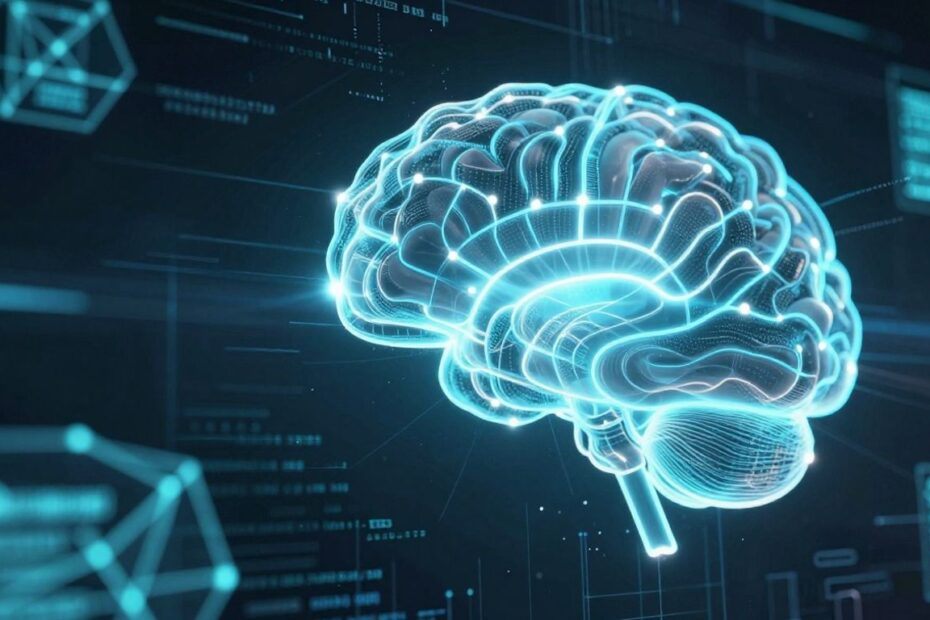 Advanced AI interface with glowing neural network.
