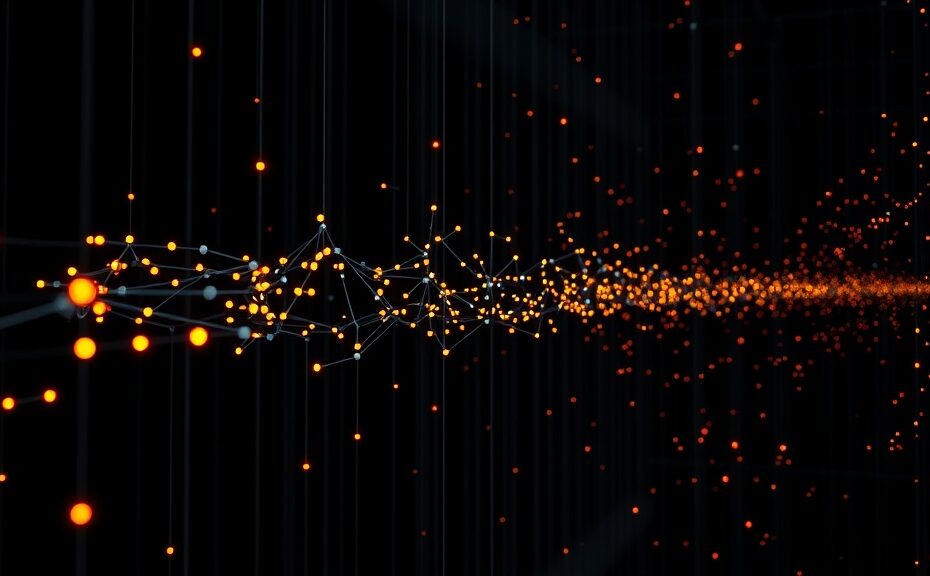 large-scale streaming data pipeline visualization with glowing node connections, dark background, amber and red warning indicators scattered across the flow, cinematic wide angle, professional editorial photography